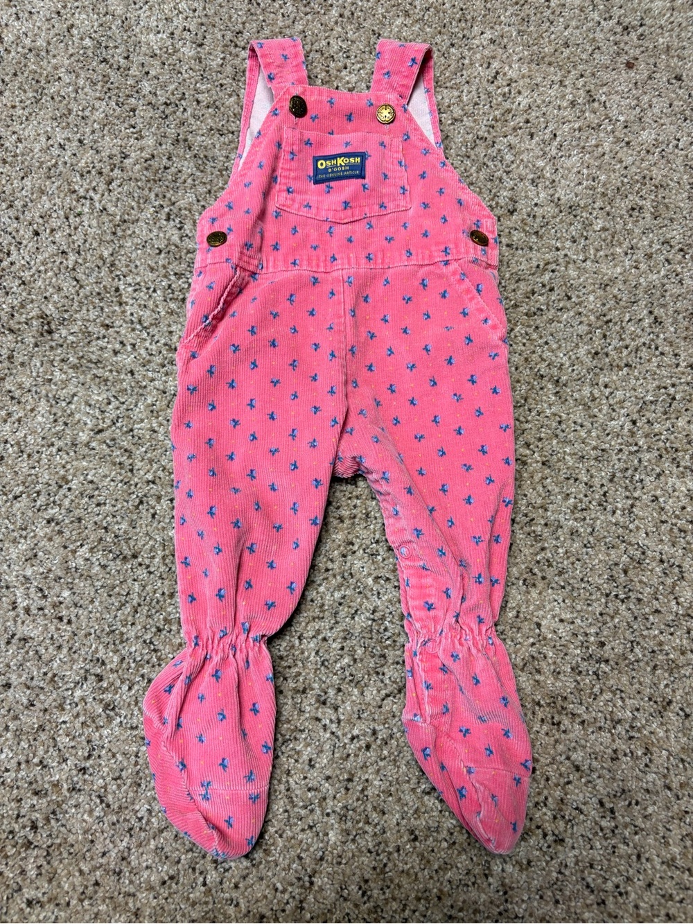 Vintage OshKosh B’gosh Pink Corduroy Footed Overalls Blue Floral 3-6 Months USA